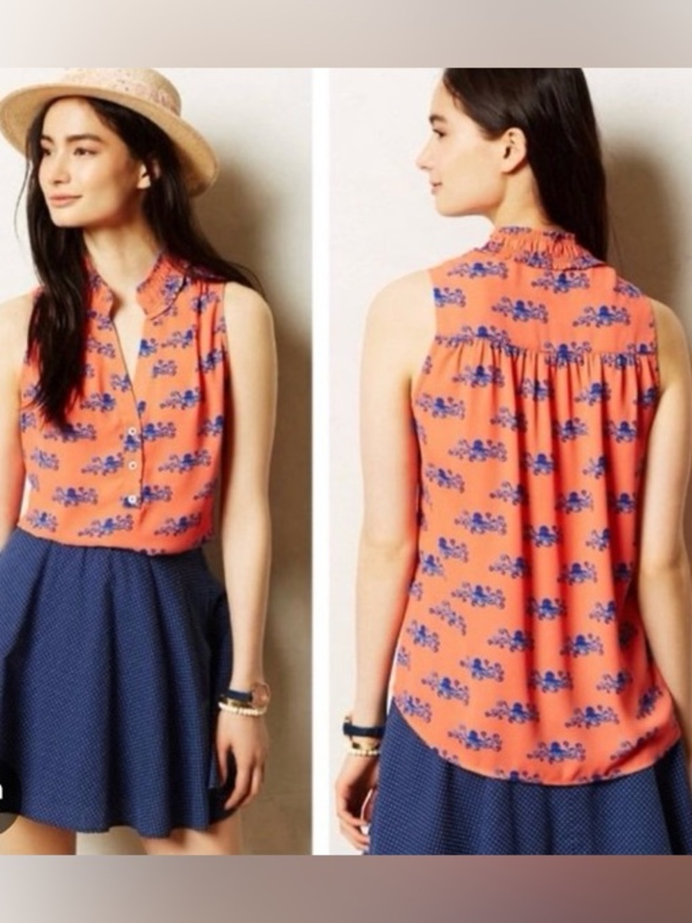 Maeve by Anthropologie Octopus Print Ruffle Neck Blouse Coral/Blue - Size 4